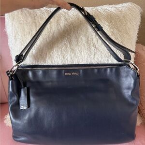Authentic Miu Miu Large Navy Leather East West Shoulder Bag w Silver Hardware